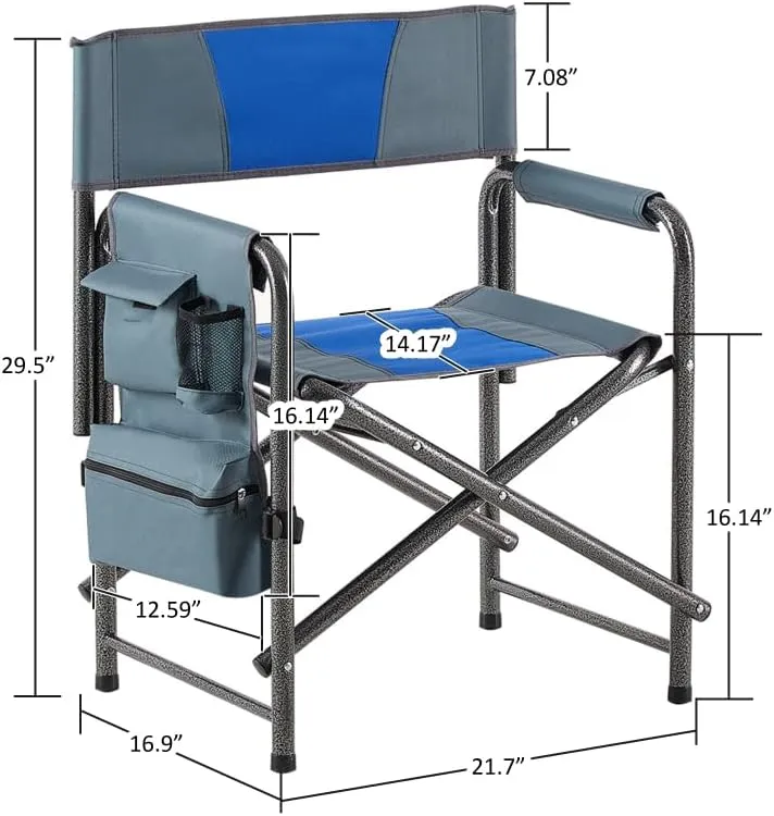 1-Piece Padded Folding Outdoor Chair with Side Table and Storage Pockets,Lightweight Oversized Directors Chair for Indoor, Outdoor Camping, (Blue Grey   Steel)