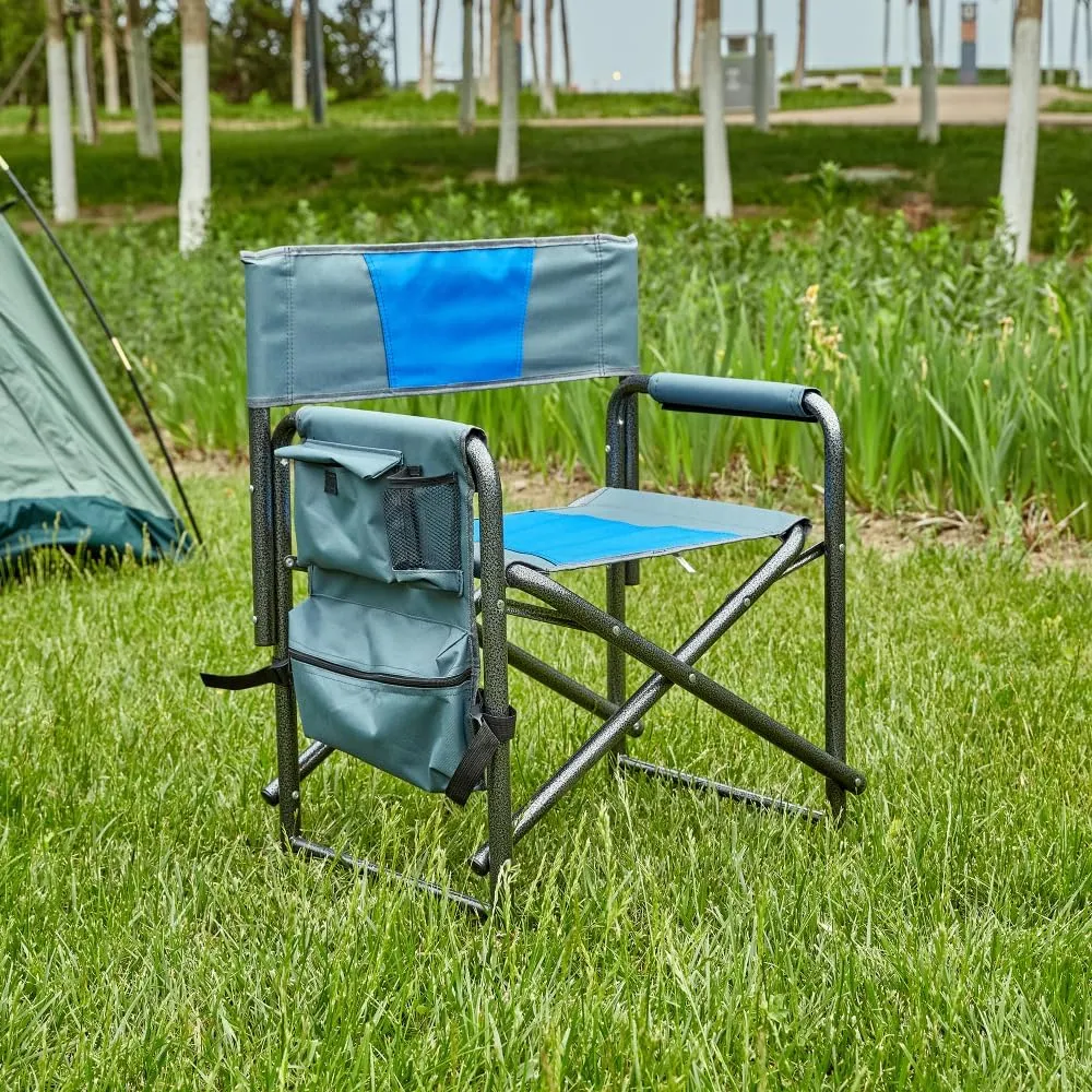 1-Piece Padded Folding Outdoor Chair with Side Table and Storage Pockets,Lightweight Oversized Directors Chair for Indoor, Outdoor Camping, (Blue Grey   Steel)