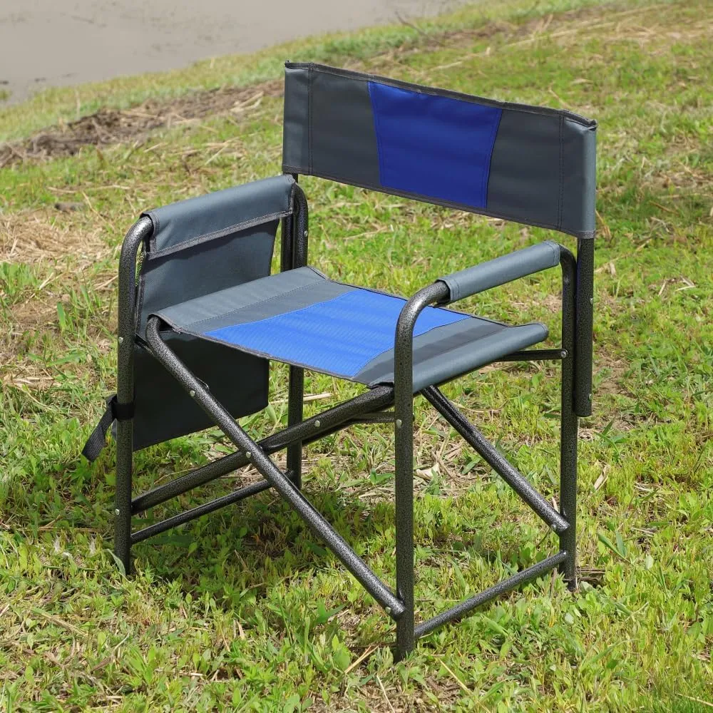 1-Piece Padded Folding Outdoor Chair with Side Table and Storage Pockets,Lightweight Oversized Directors Chair for Indoor, Outdoor Camping, (Blue Grey   Steel)