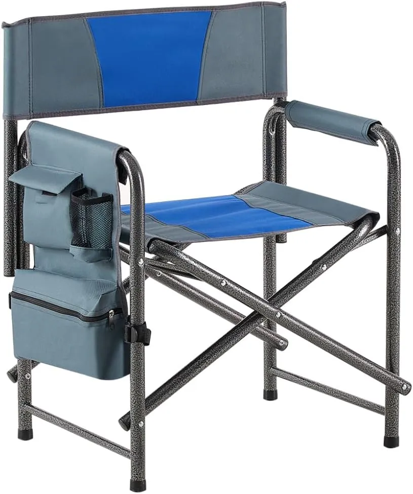 1-Piece Padded Folding Outdoor Chair with Side Table and Storage Pockets,Lightweight Oversized Directors Chair for Indoor, Outdoor Camping, (Blue Grey   Steel)