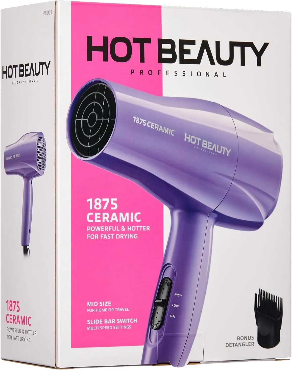 1875 Ceramic Hair Dryer, Powerful Fast Drying, Multi-Setting with Comb Attachment, Additional Detangler Included, Slide Bar Switch, Compact for Home & Travel (Purple)
