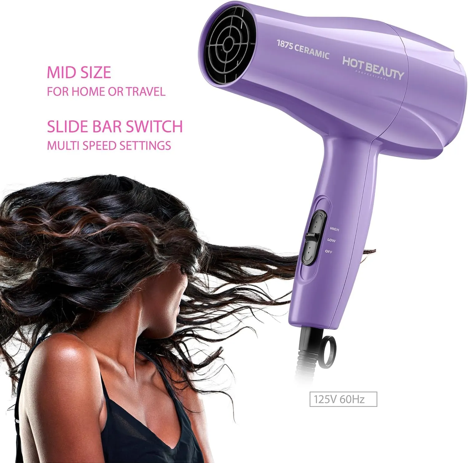 1875 Ceramic Hair Dryer, Powerful Fast Drying, Multi-Setting with Comb Attachment, Additional Detangler Included, Slide Bar Switch, Compact for Home & Travel (Purple)