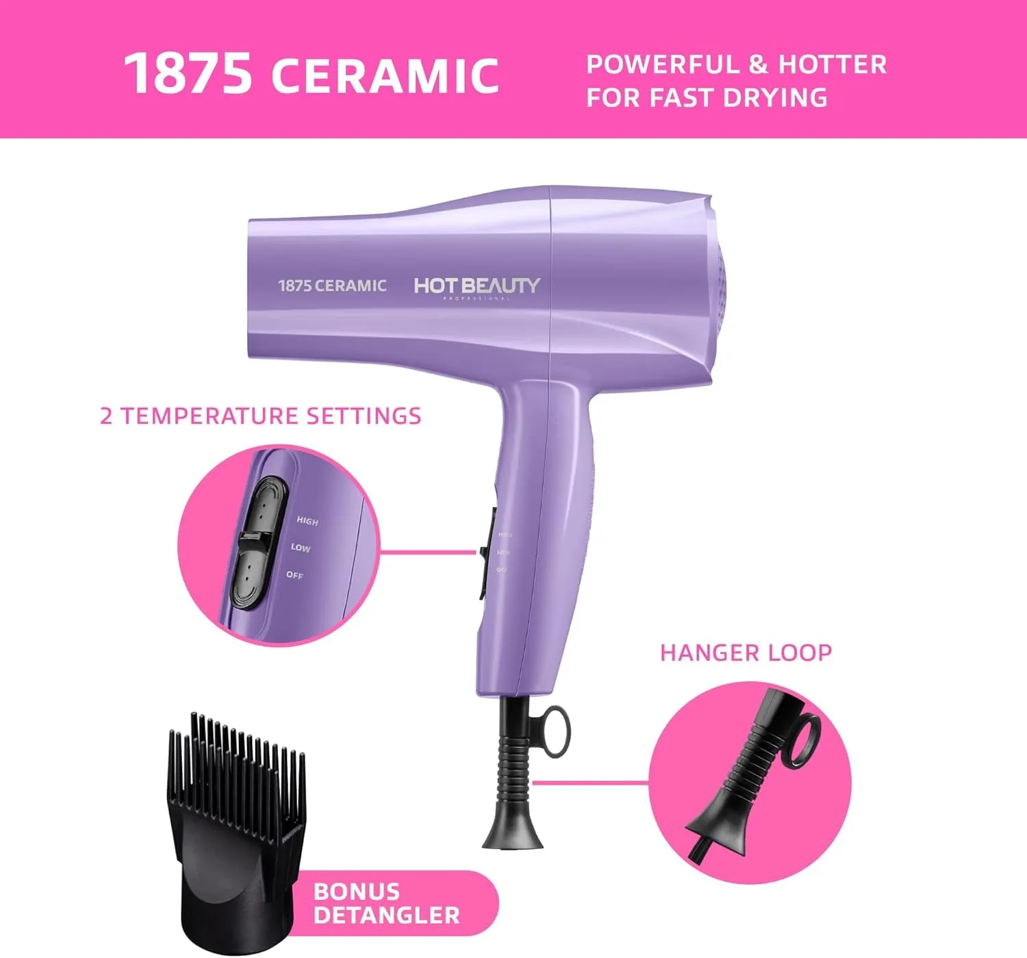 1875 Ceramic Hair Dryer, Powerful Fast Drying, Multi-Setting with Comb Attachment, Additional Detangler Included, Slide Bar Switch, Compact for Home & Travel (Purple)
