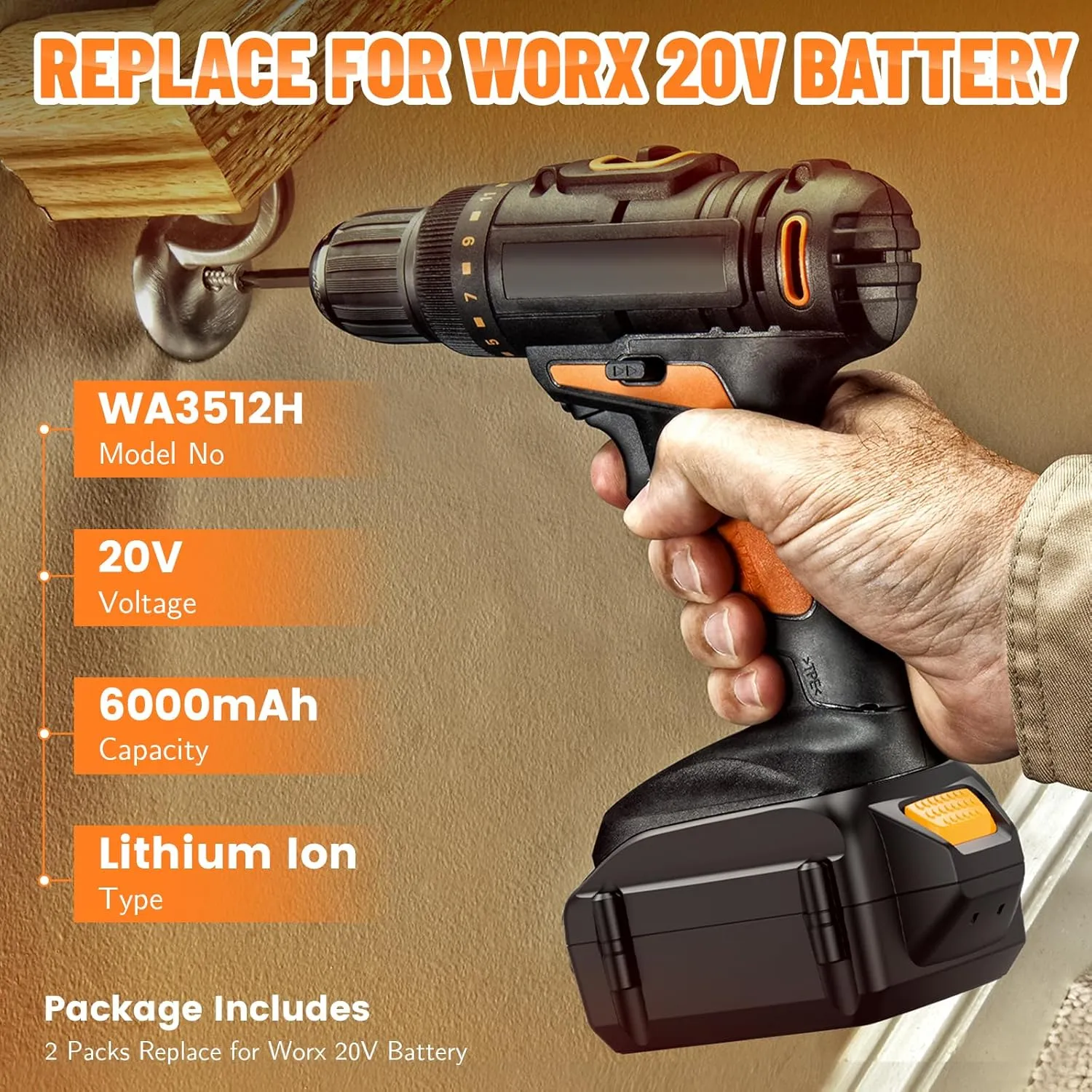 2 Packs 20V 6.0Ah Lithium Battery Replace for Worx 20V Power Share Battery, Compatible with Worx 20 Volt WA3575 WA3525 WA3578 WA3520 WA3742 WG151s WG155s WG251s WG255s WG540s WG545s WG890