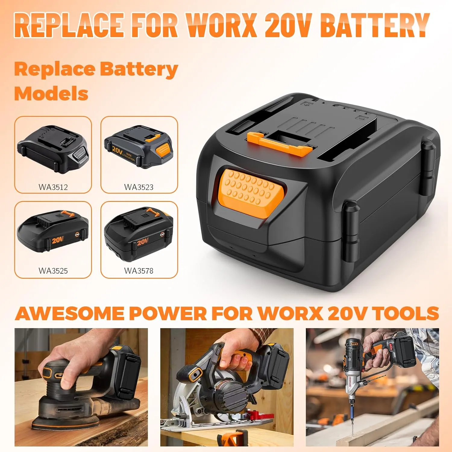 2 Packs 20V 6.0Ah Lithium Battery Replace for Worx 20V Power Share Battery, Compatible with Worx 20 Volt WA3575 WA3525 WA3578 WA3520 WA3742 WG151s WG155s WG251s WG255s WG540s WG545s WG890