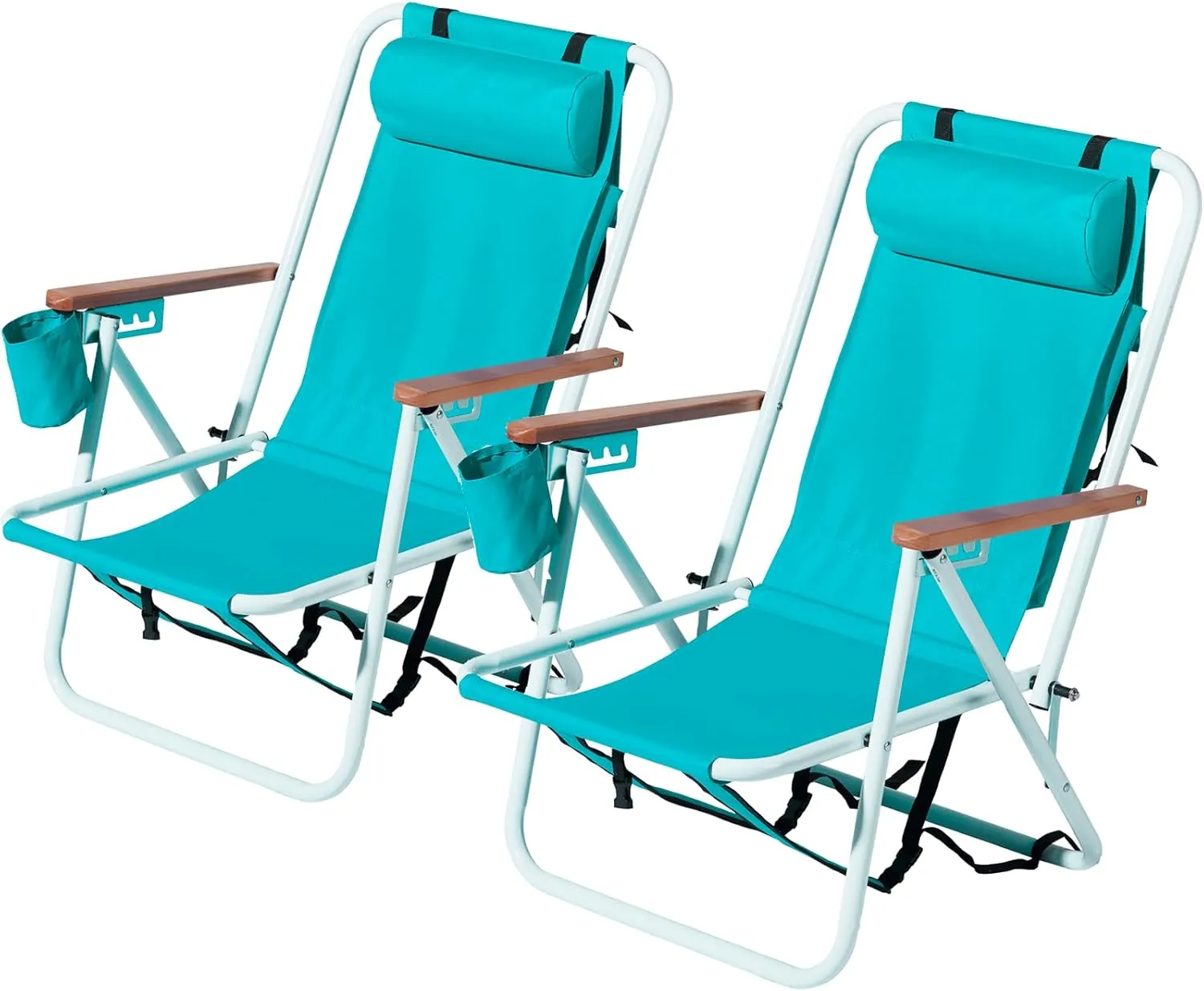2pcs Folding Beach Chair, 4 Position Portable Backpack Foldable Camping Chair with Headrest Cup Holder and Wooden Armrests, Green, Blue