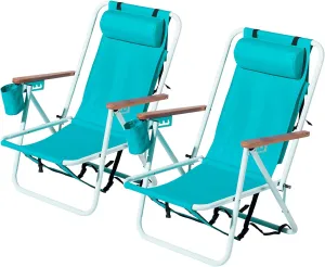 2pcs Folding Beach Chair, 4 Position Portable Backpack Foldable Camping Chair with Headrest Cup Holder and Wooden Armrests, Green, Blue