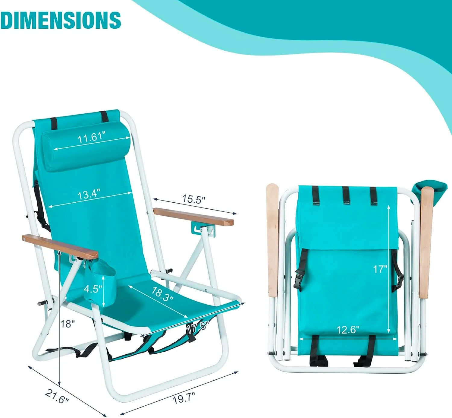 2pcs Folding Beach Chair, 4 Position Portable Backpack Foldable Camping Chair with Headrest Cup Holder and Wooden Armrests, Green, Blue