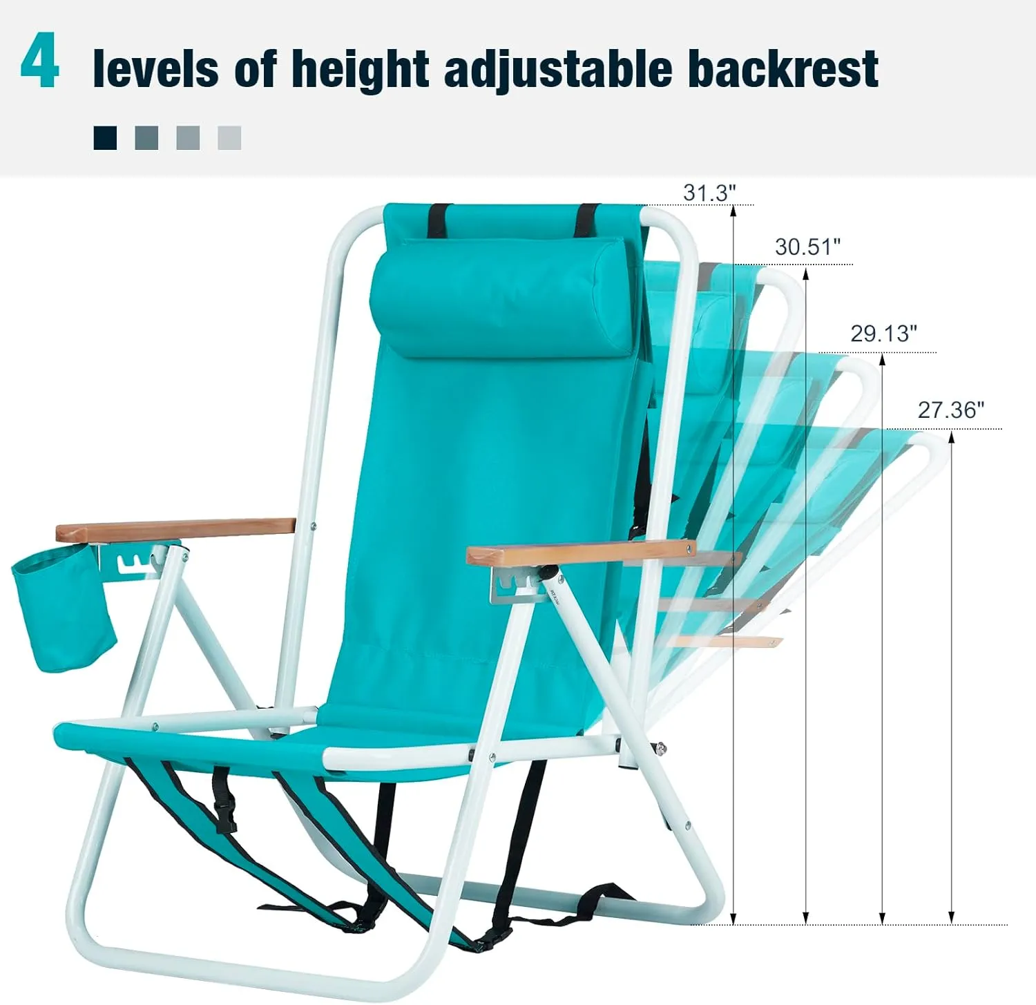 2pcs Folding Beach Chair, 4 Position Portable Backpack Foldable Camping Chair with Headrest Cup Holder and Wooden Armrests, Green, Blue