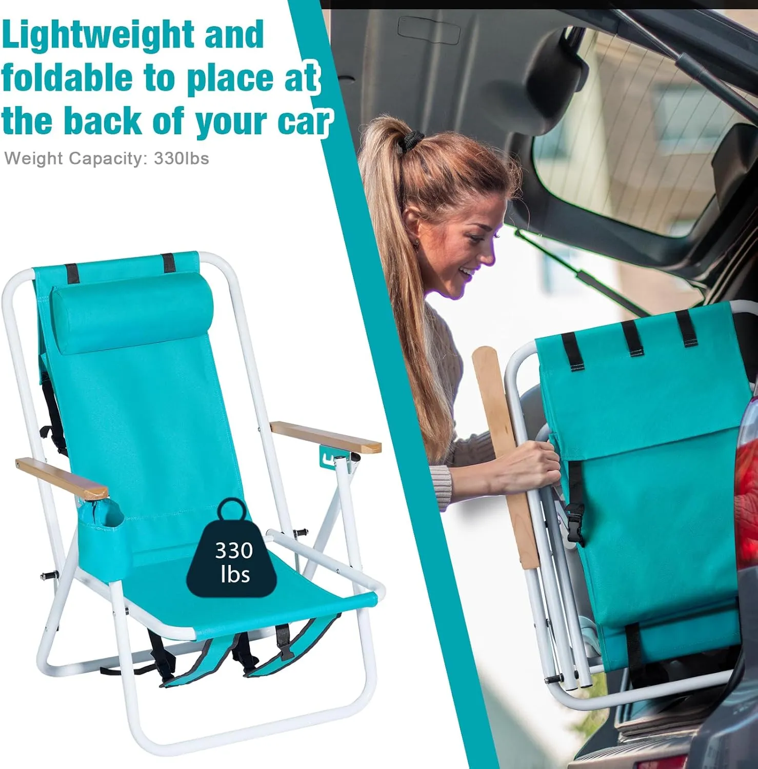 2pcs Folding Beach Chair, 4 Position Portable Backpack Foldable Camping Chair with Headrest Cup Holder and Wooden Armrests, Green, Blue