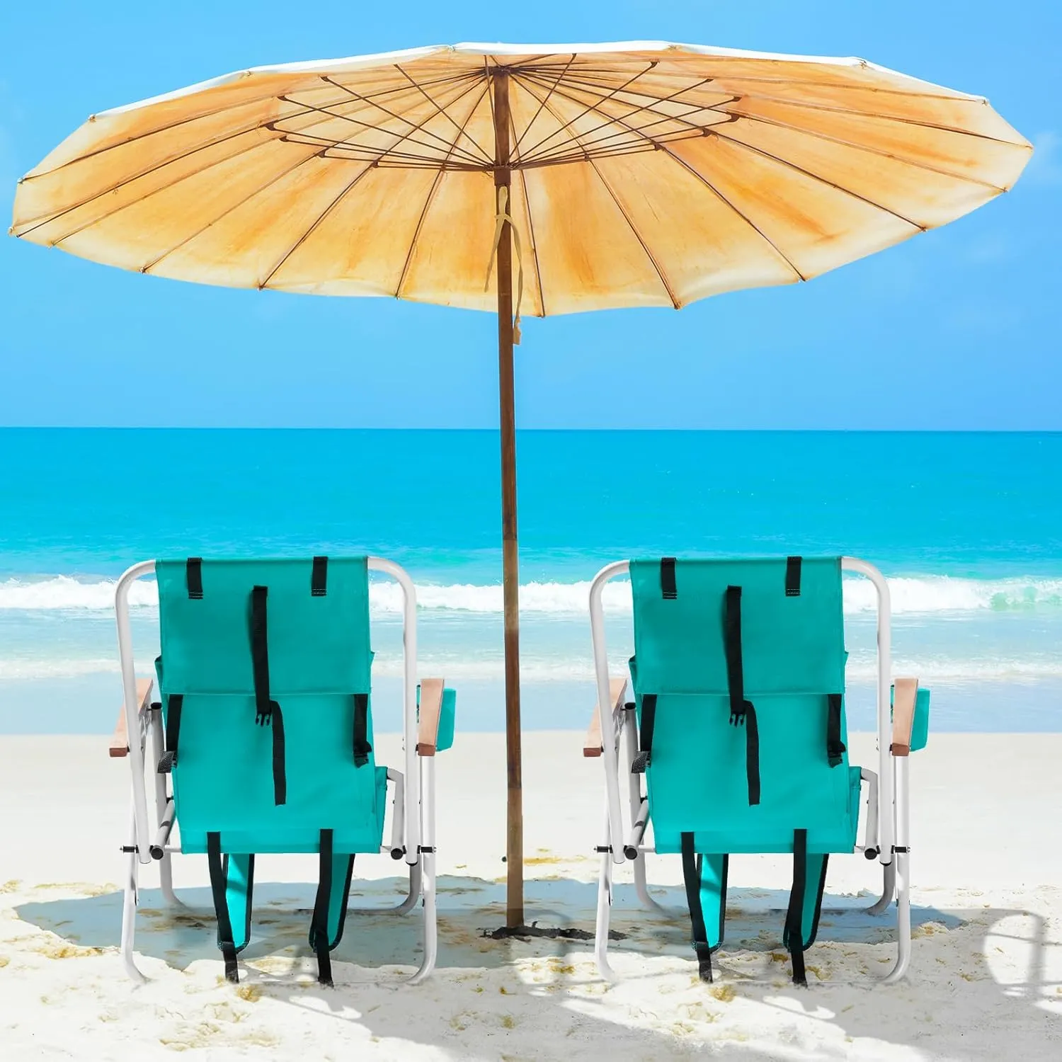 2pcs Folding Beach Chair, 4 Position Portable Backpack Foldable Camping Chair with Headrest Cup Holder and Wooden Armrests, Green, Blue