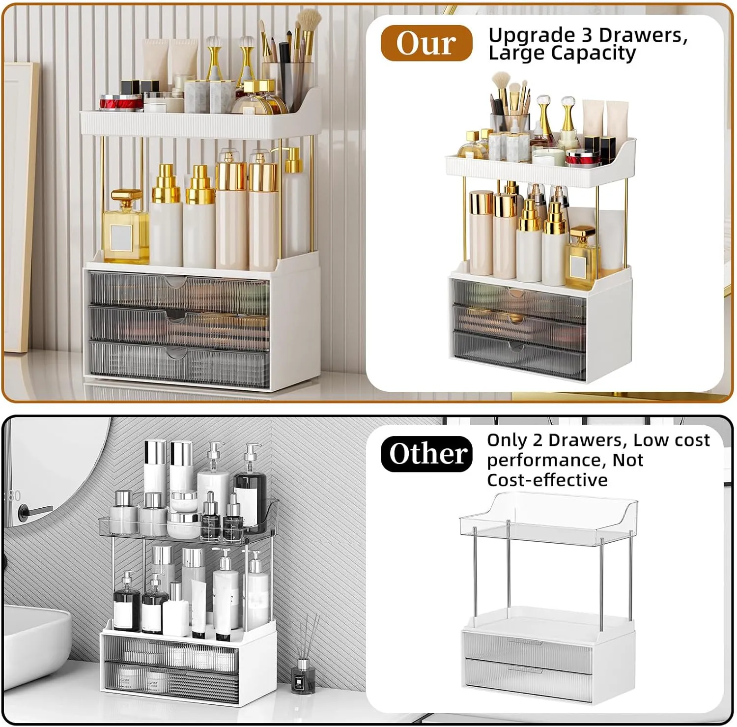 3 Drawers Bathroom Counter Organizer, 5 Tier Makeup Organizer, Versatile Perfume Organizer, Ideal for Bathroom Storage, Vanity, Large Skincare, Perfume, Present, Grey