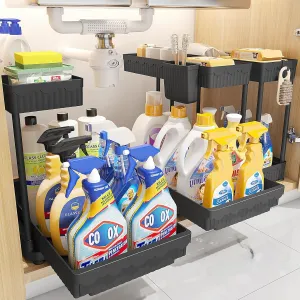 3 Pack Multi-Purpose Under Sink Organizers and Storage, 2025 L-Shaped Pull Out Cabinet Organizer for Bathroom & Kitchen, Under Cabinet Organizer with Hooks Hanging Cup, Black