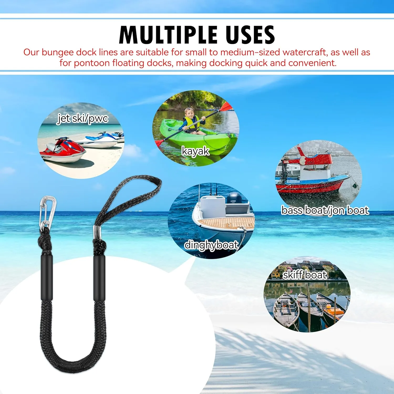 3ft Bungee Dock Lines (2-Pack) – Heavy-Duty Elastic Mooring Ropes for Boats, Jet Skis & Kayaks | Adjustable PVC Sleeve | 316 Stainless Steel Clip | Black