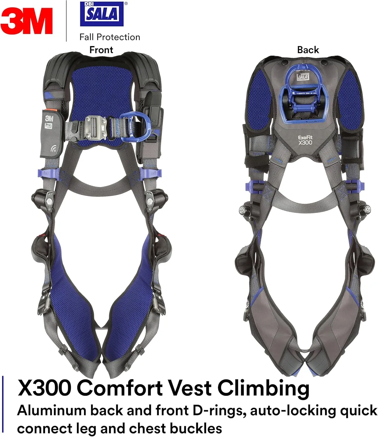 3M 1113034 DBI-SALA ExoFit X300 Comfort Vest Climbing Harness Fall Protection, General Industry, Aluminum Back and Front D-Ring, Auto-Locking Quick Connect Leg and Chest Straps, Medium