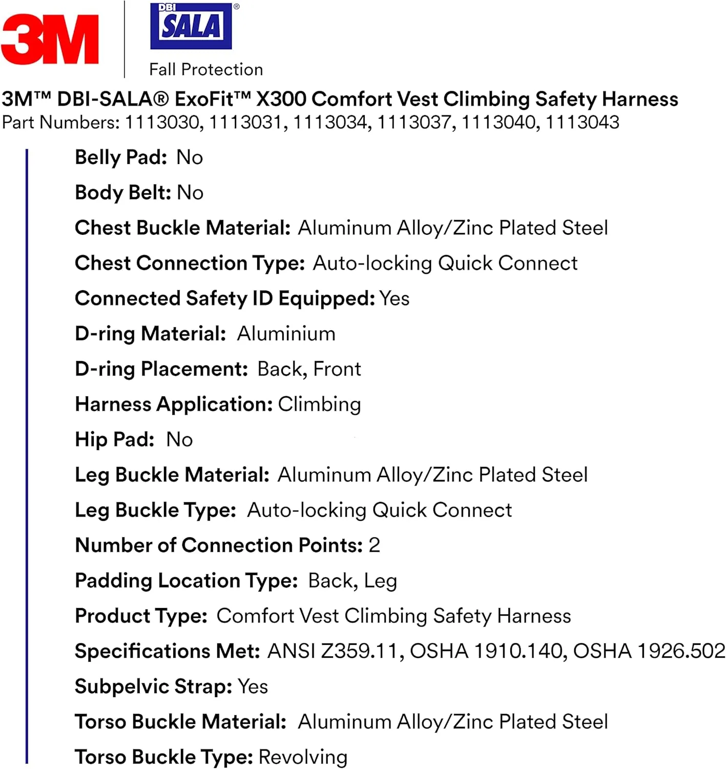 3M 1113034 DBI-SALA ExoFit X300 Comfort Vest Climbing Harness Fall Protection, General Industry, Aluminum Back and Front D-Ring, Auto-Locking Quick Connect Leg and Chest Straps, Medium