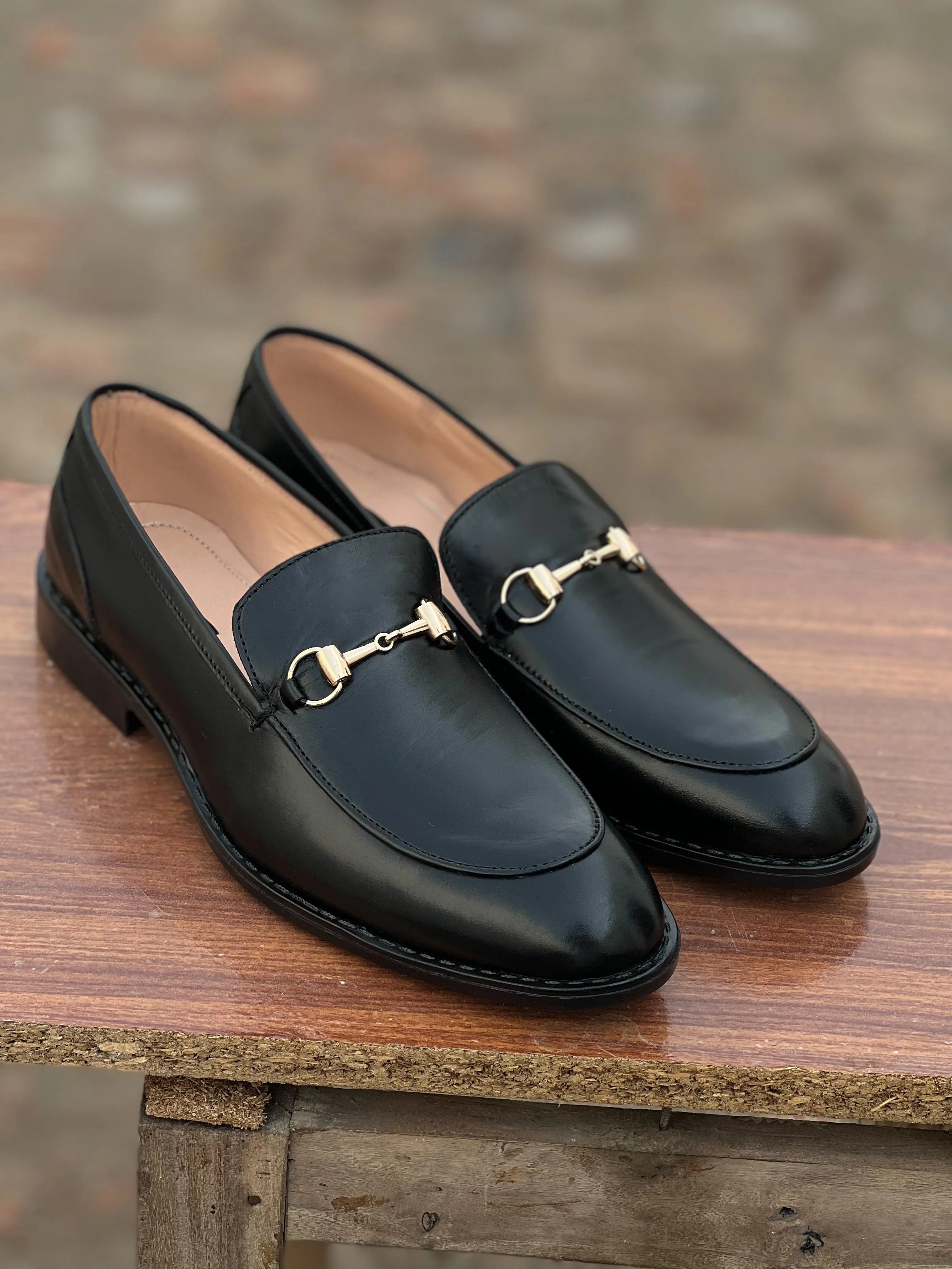 4004-Black Cow Leather Horse bit Formal Loafer Style In Rubber sole