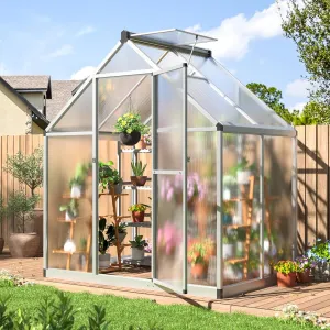 4x6 FT Greenhouse - Polycarbonate with Quick Setup & Roof Vent, Aluminum Walk-in for Outside Garden Backyard, Silver