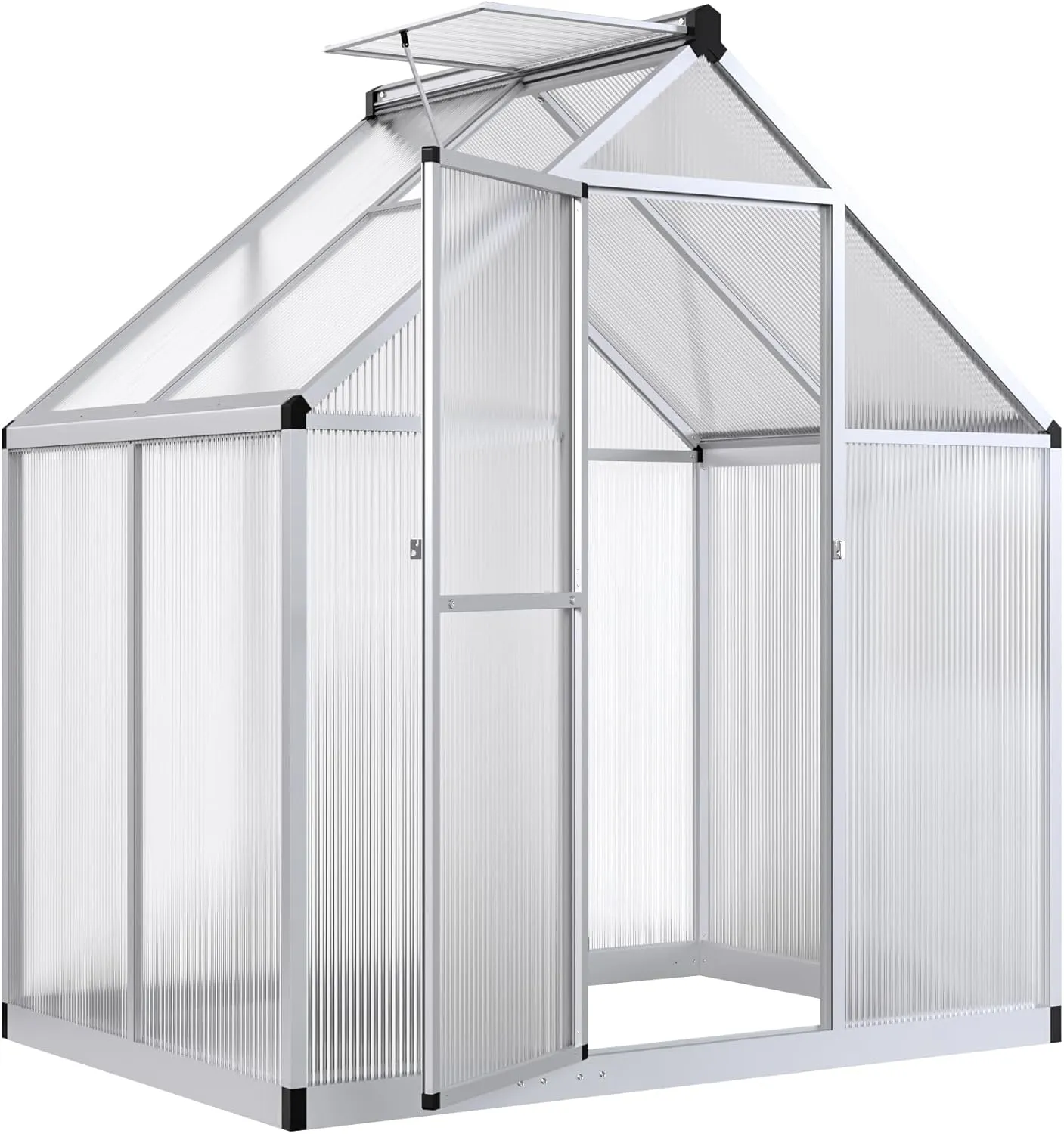 4x6 FT Greenhouse - Polycarbonate with Quick Setup & Roof Vent, Aluminum Walk-in for Outside Garden Backyard, Silver