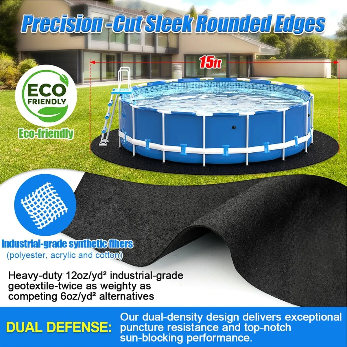 Abimars Thicker 15' Round Pool Liner Pad for Above Ground Swimming Pools, Black Pool Mats for Pool Bottom, Seamless Comfort, Double Density Puncture Resistant