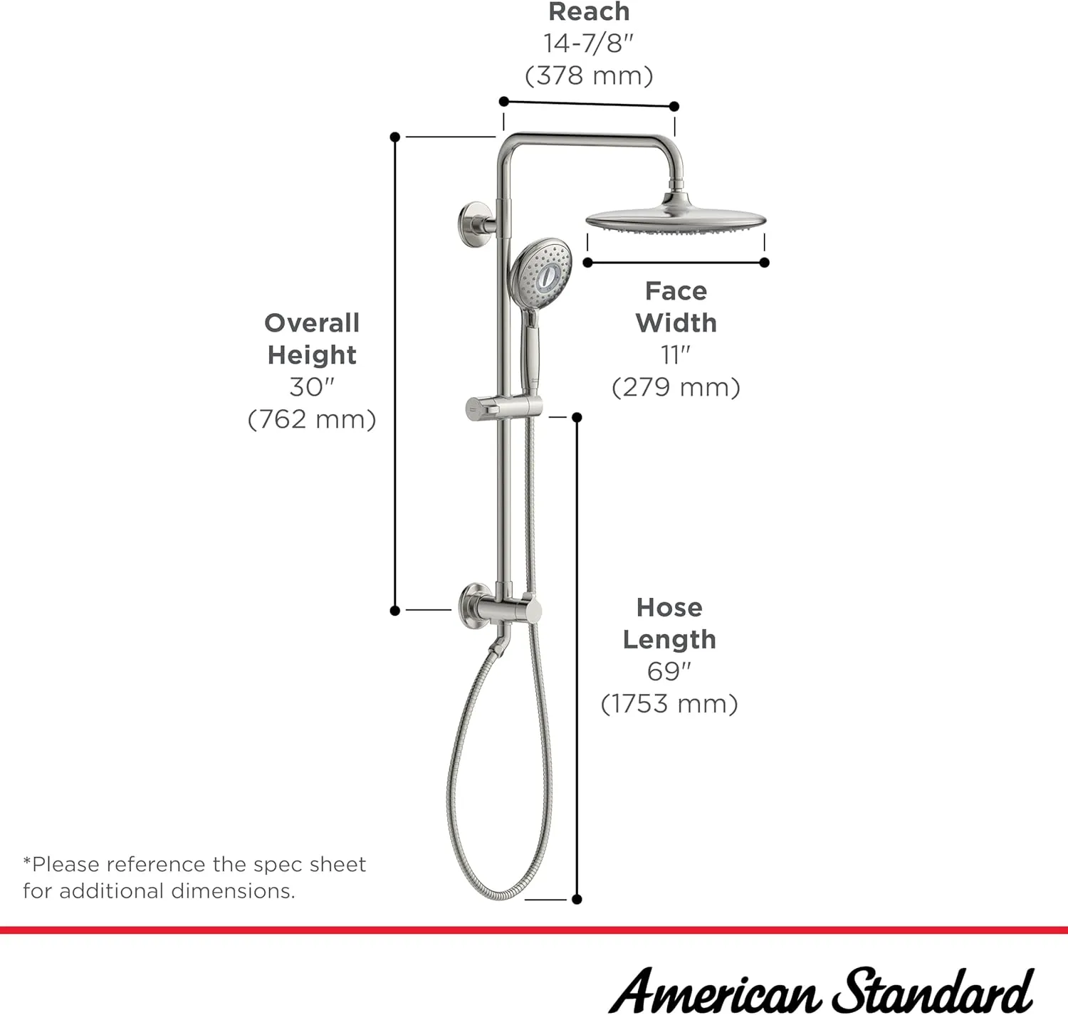 American Standard 1029072950 Spectra Versa 24-Inch 4-Function Retrofit Shower System with Rain Showerhead, 1.8 GPM, Brushed Nickel