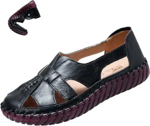 AngryMonkey Women's Casual Slip On Loafers,Comfort Closed Toe Hand-stitching Woven Cutout Leather Oxford Softsole Walking Sandals