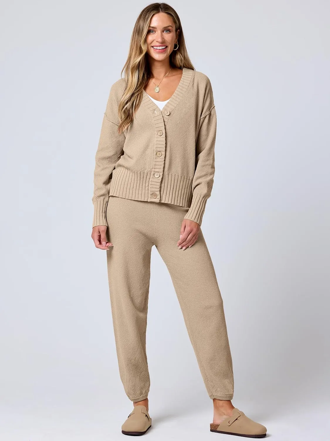 ANRABESS Women 2 Piece Outfits Waffle Knit Long Sleeve Cardigan Set Casual Sweater Pants Lounge Sets 2024 Fall Clothes