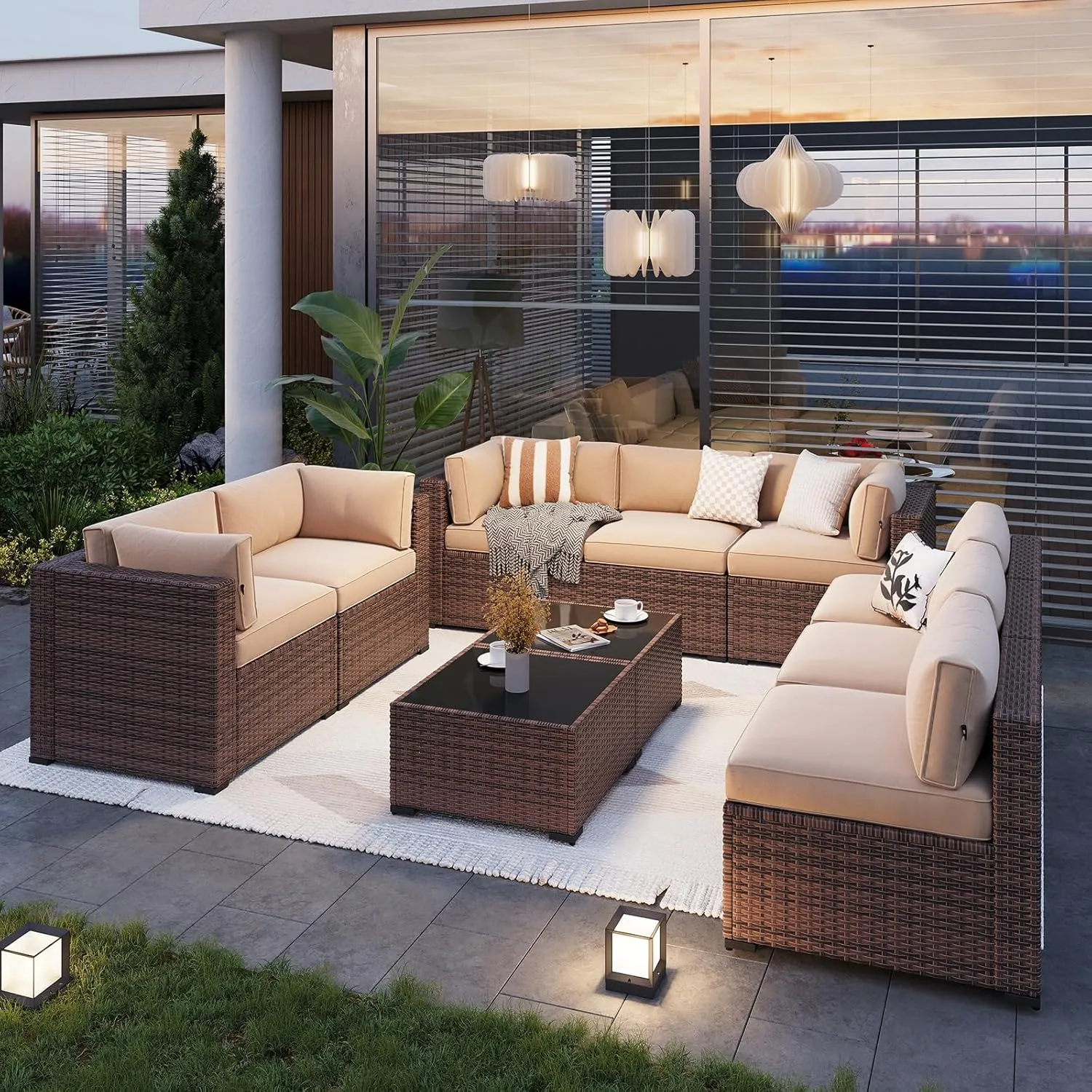 Aoxun Patio Furniture Sets, 10-Piece Outdoor Patio Furniture with Thick Cushions, Wicker Outdoor Conversation Set Sectional Sofa for Backyard, Poolside, Garden