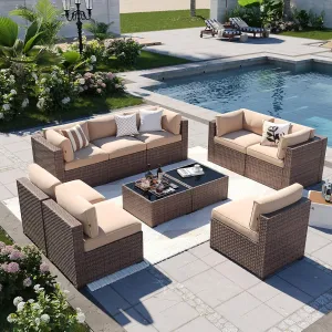 Aoxun Patio Furniture Sets, 10-Piece Outdoor Patio Furniture with Thick Cushions, Wicker Outdoor Conversation Set Sectional Sofa for Backyard, Poolside, Garden