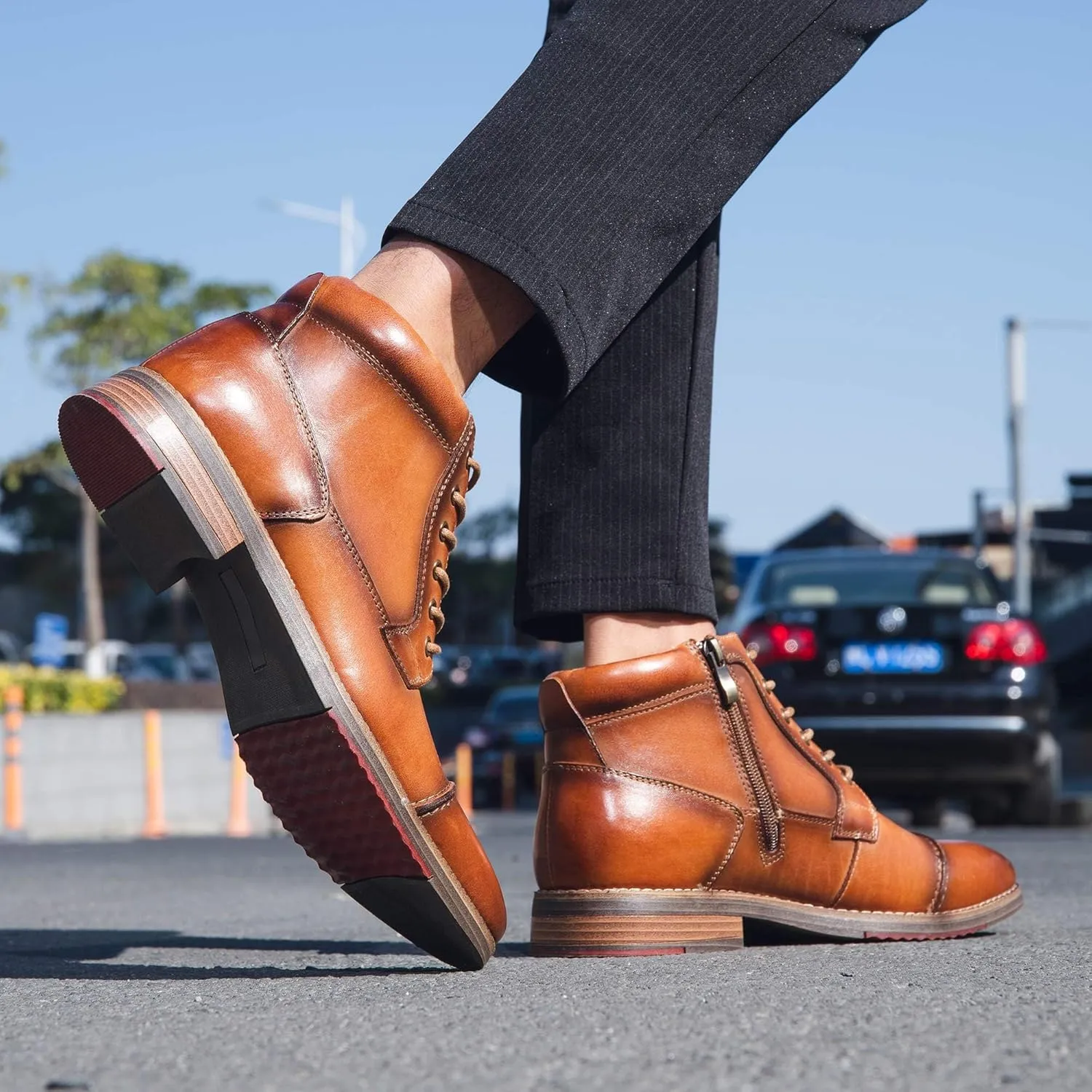 Arkbird Mens Oxford Leather Dress Boots Classic Cap Toe Side Zip Mid Top Casual Ankle Boots for Men