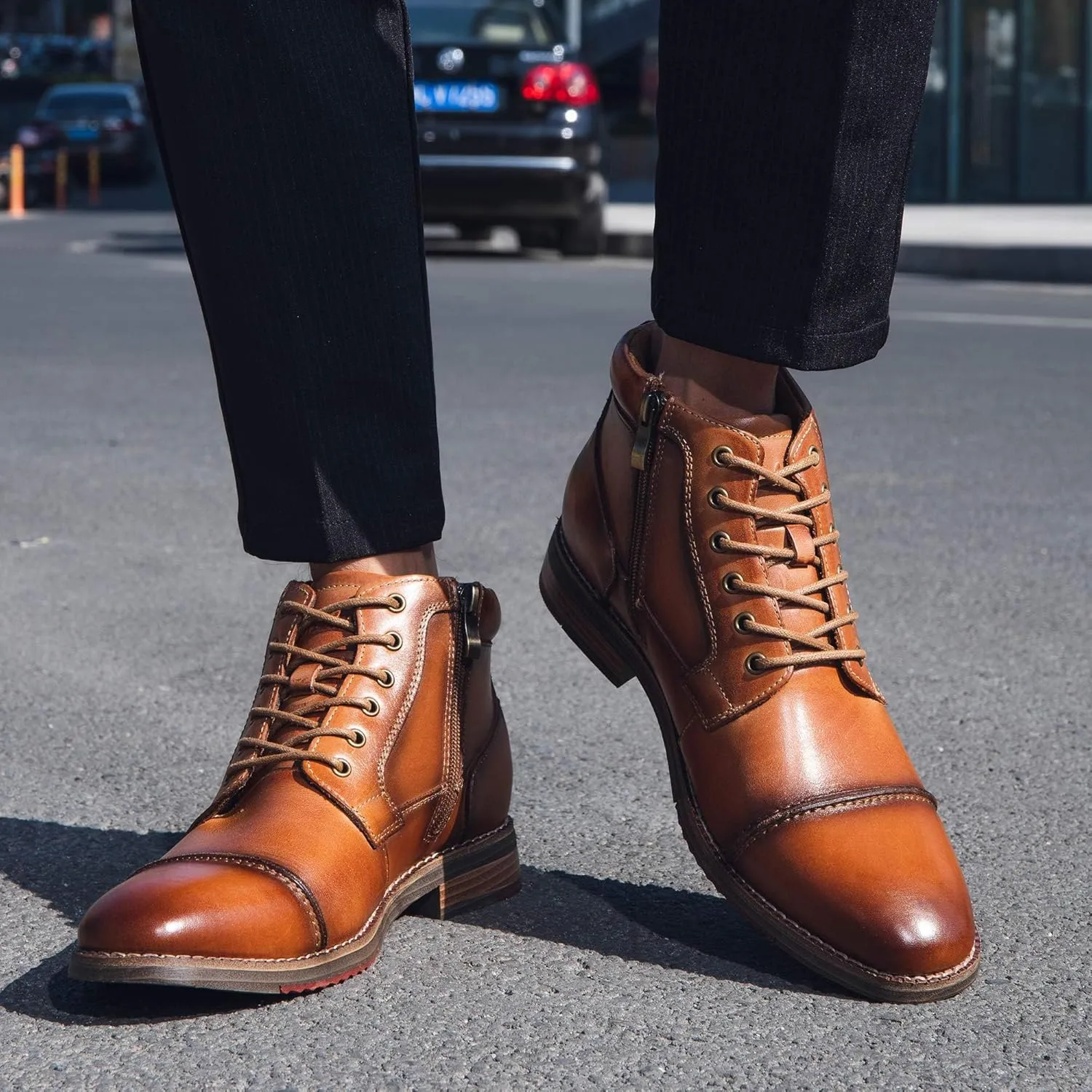 Arkbird Mens Oxford Leather Dress Boots Classic Cap Toe Side Zip Mid Top Casual Ankle Boots for Men
