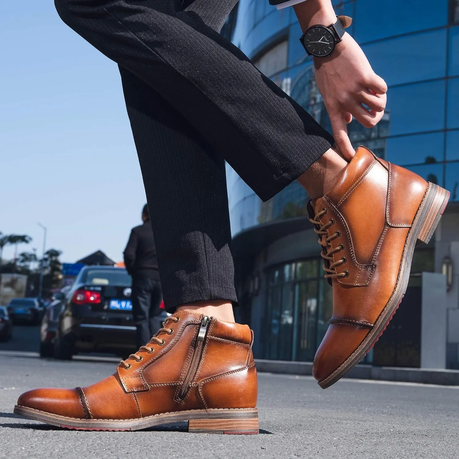 Arkbird Mens Oxford Leather Dress Boots Classic Cap Toe Side Zip Mid Top Casual Ankle Boots for Men