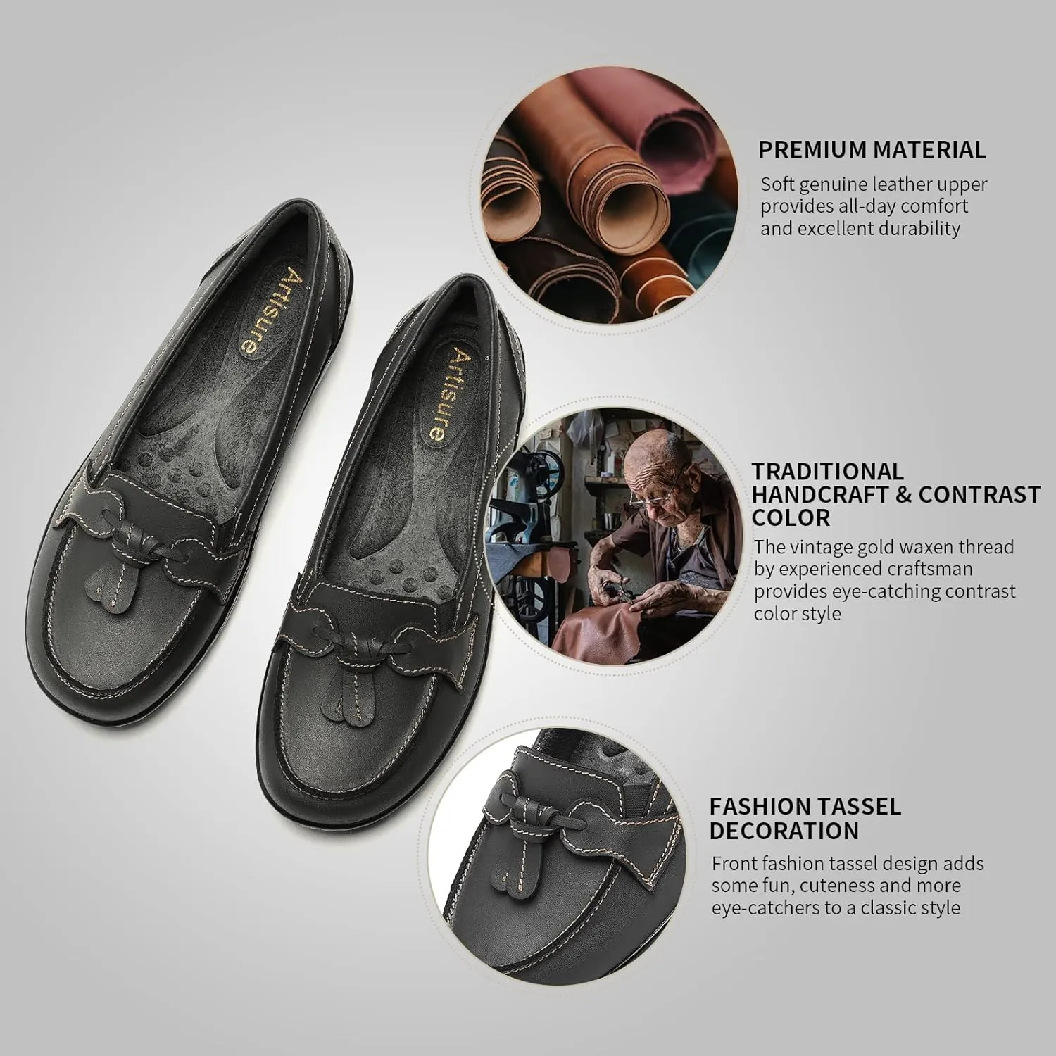 Artisure Women's Classic Comfort Leather Loafers Casual Slip-Ons Stylish Tassel Dress Shoes Cute Work Office Flats Everyday Walking Shoes