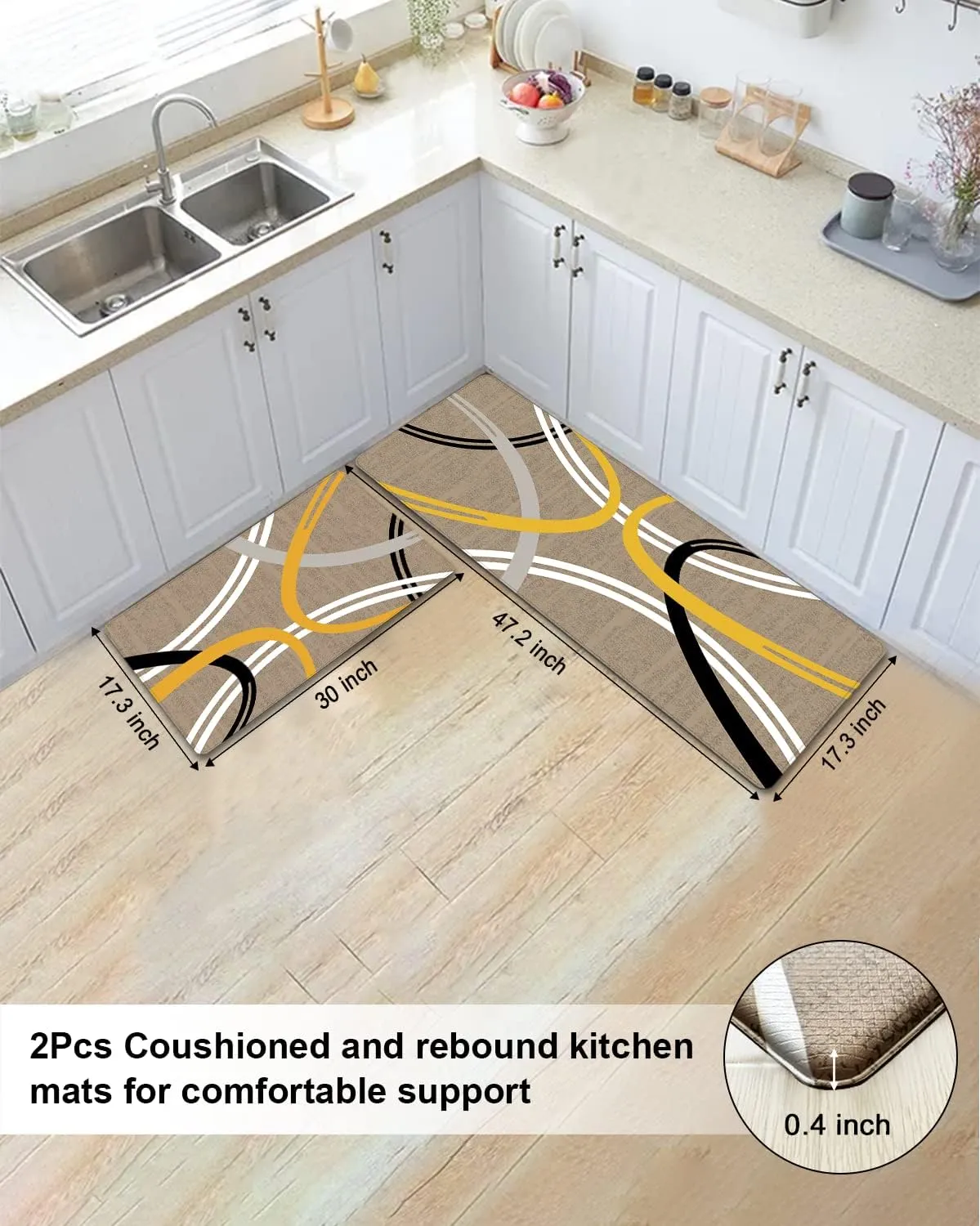 Artnice Kitchen Mats Set of 2, Non Skid Soft Anti Fatigue Mats, Stain Resistant Kitchen Runner Rug, Waterproof Comfort Standing Padded for Office, Laundry, Sink, 17.3"x30" 17.3"x47.2", Brown