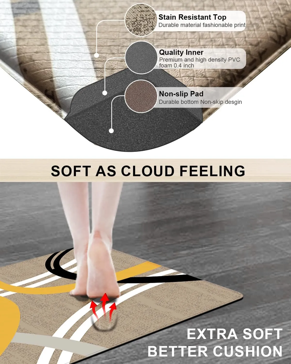 Artnice Kitchen Mats Set of 2, Non Skid Soft Anti Fatigue Mats, Stain Resistant Kitchen Runner Rug, Waterproof Comfort Standing Padded for Office, Laundry, Sink, 17.3"x30" 17.3"x47.2", Brown