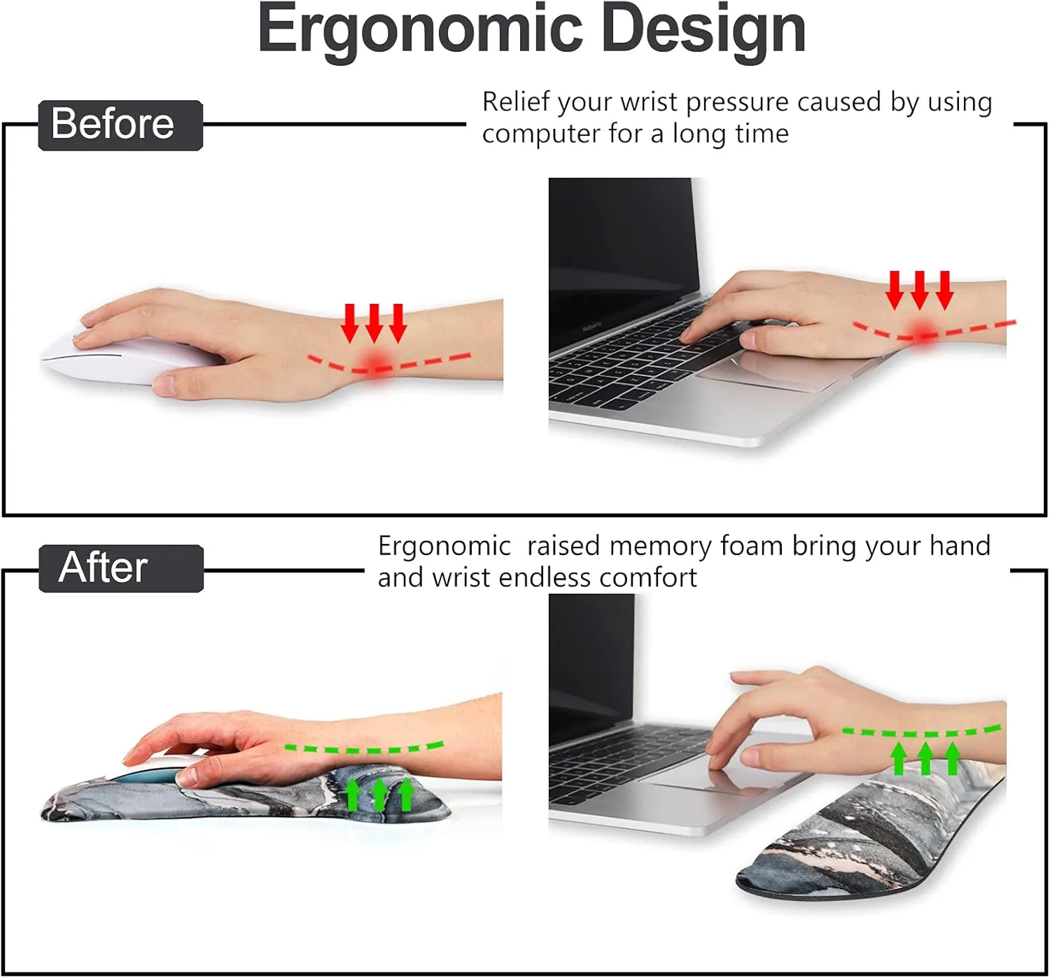 ARTSO Keyboard Wrist Rest and Mouse Pad with Wrist Support, Ergonomic Mouse Pad Coaster, Durable Comfortable Lightweight for Easy Typing Pain Relief, Memory Foam Keyboard Mousepad Set,Green Marble