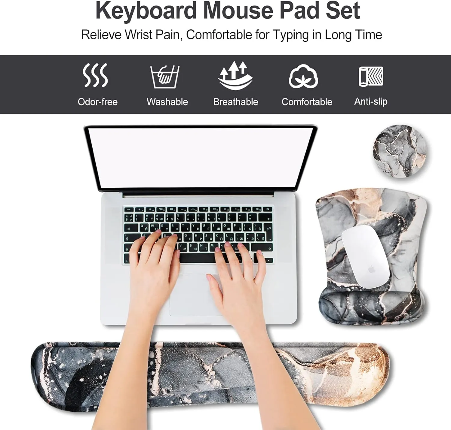 ARTSO Keyboard Wrist Rest and Mouse Pad with Wrist Support, Ergonomic Mouse Pad Coaster, Durable Comfortable Lightweight for Easy Typing Pain Relief, Memory Foam Keyboard Mousepad Set,Green Marble