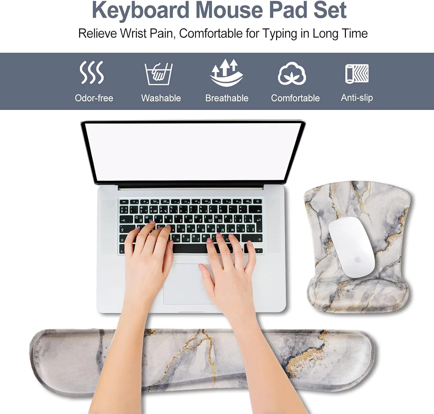 ARTSO Keyboard Wrist Rest and Mouse Pad with Wrist Support, Ergonomic Mouse Pad, Durable Comfortable for Easy Typing Pain Relief, Memory Foam Keyboard Mousepad Set, Grey Marble