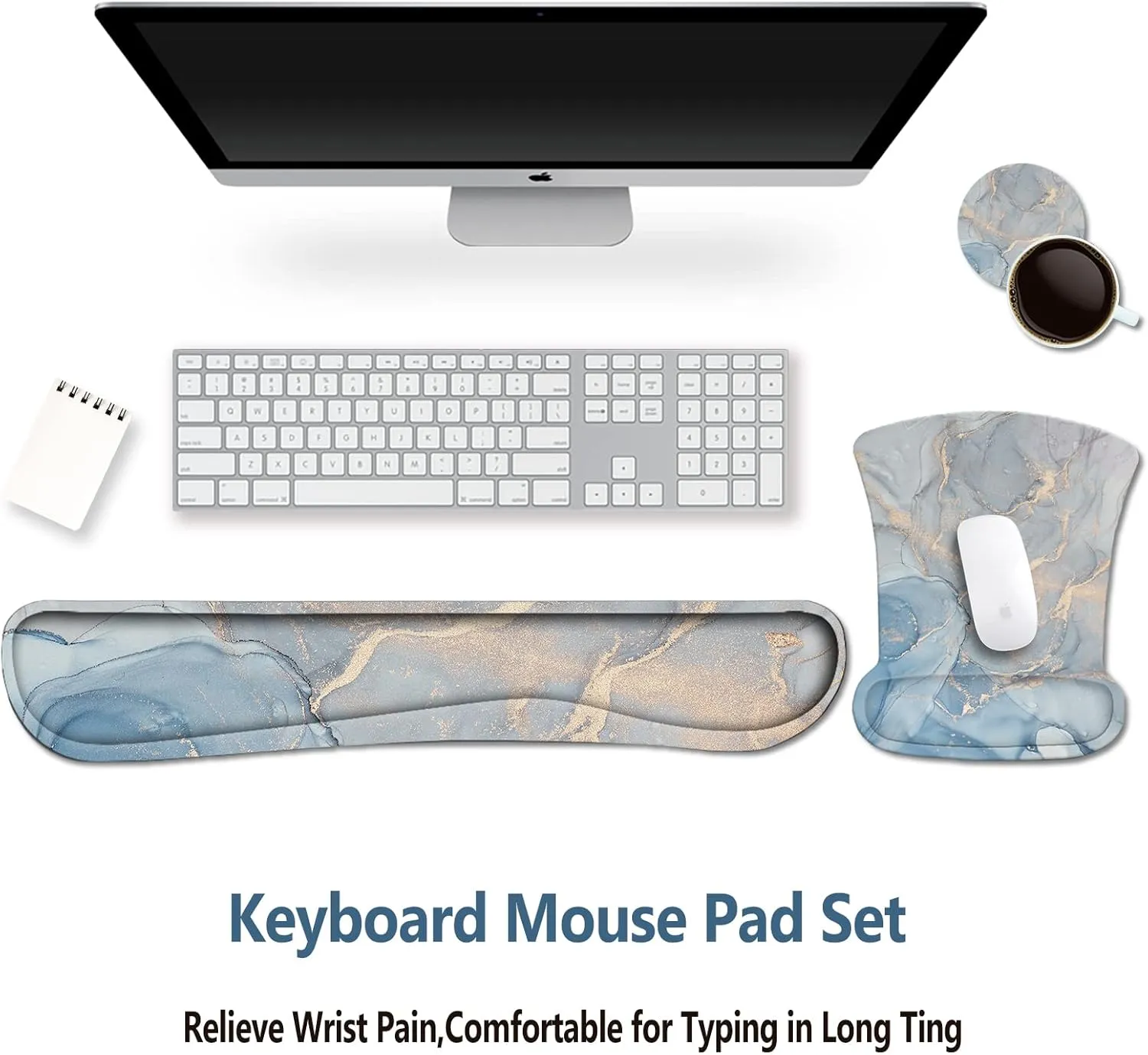 ArtSo Keyboard Wrist Rest Mouse Pad with Wrist Rest Support Ergonomic, Non-Slip Memory Foam Mousepad Free Coaster Easy Typing Pain Relief (Blue Grey Marble)