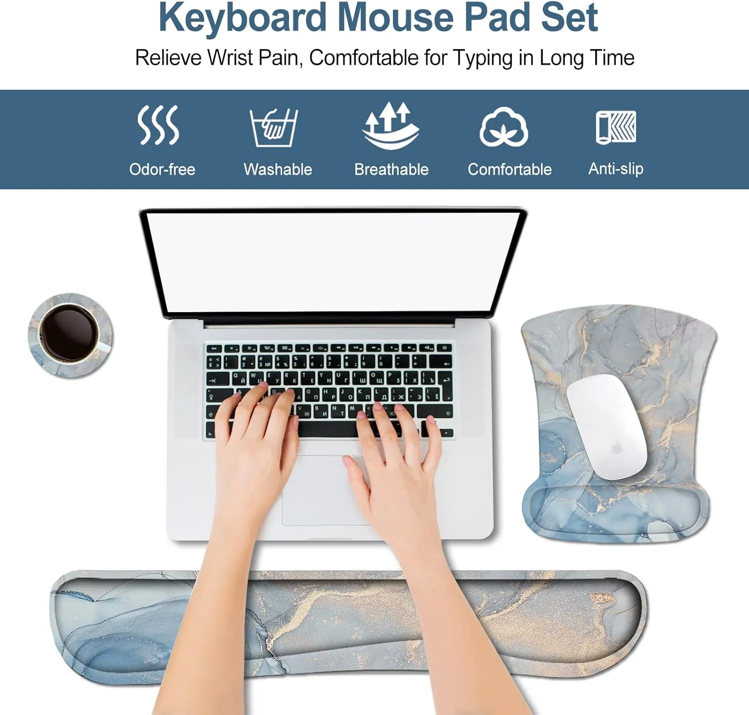 ArtSo Keyboard Wrist Rest Mouse Pad with Wrist Rest Support Ergonomic, Non-Slip Memory Foam Mousepad Free Coaster Easy Typing Pain Relief (Blue Grey Marble)