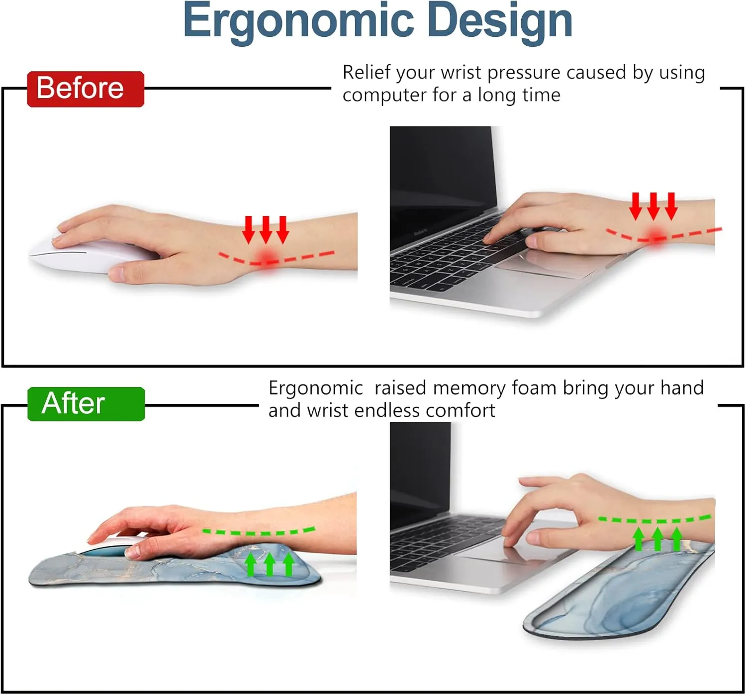 ArtSo Keyboard Wrist Rest Mouse Pad with Wrist Rest Support Ergonomic, Non-Slip Memory Foam Mousepad Free Coaster Easy Typing Pain Relief (Blue Grey Marble)
