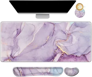 ARTSO Large Gaming Mouse Pad, Keyboard Wrist Rest Pad & Wrist Support Mousepad Set, Stitched Edge, Extended, Non-Slip Base, Memory Foam,Multifunctional Desk Mat for Office & Home, Purple Blue Marble