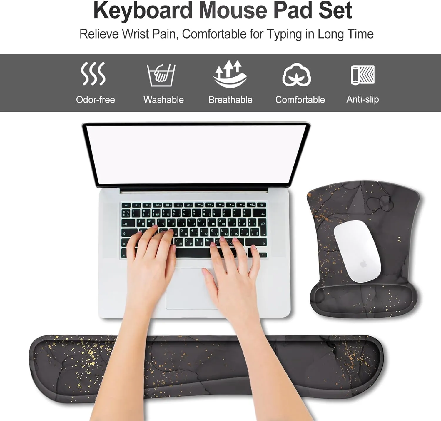 ARTSO Mouse Pad Wrist Support and Keyboard Wrist Rest, Ergonomic Memory Foam Mousepad Non-Slip Easy Typing and Pain Relief for Gaming, Computer, Office, Laptop, Black Grey Marble