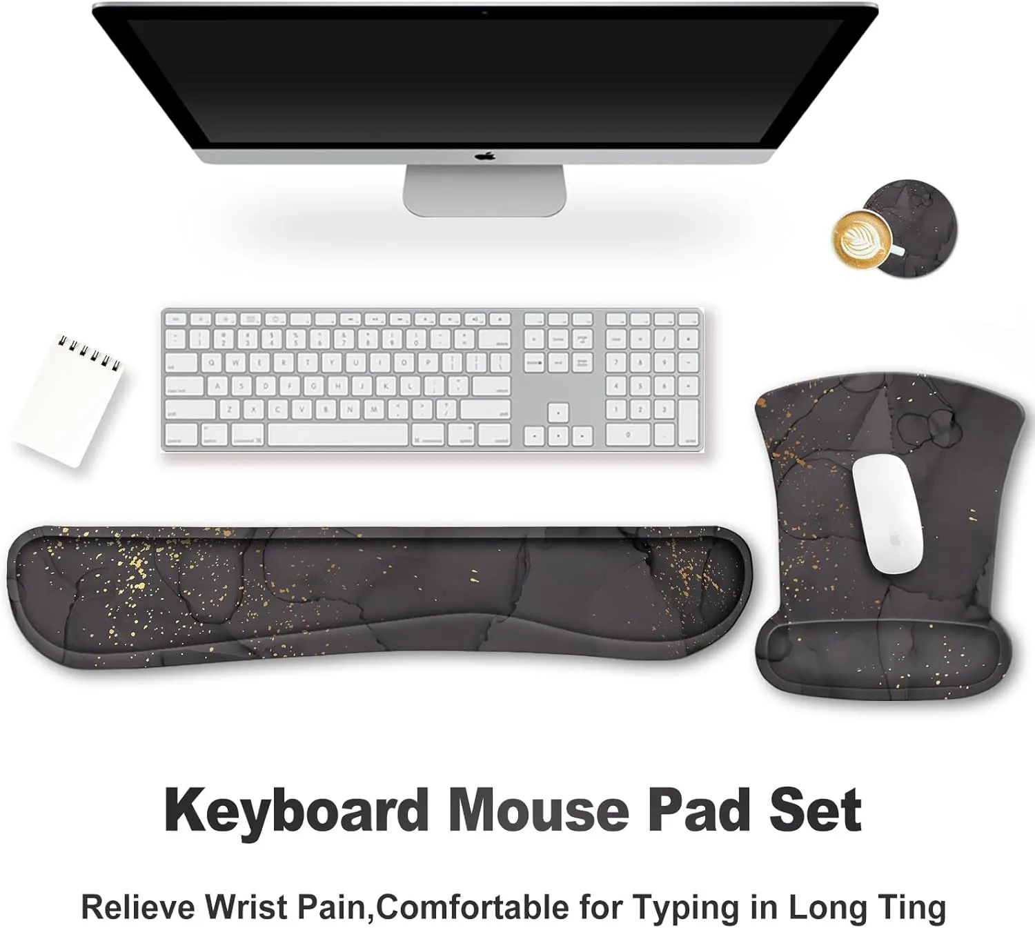 ARTSO Mouse Pad Wrist Support and Keyboard Wrist Rest, Ergonomic Memory Foam Mousepad Non-Slip Easy Typing and Pain Relief for Gaming, Computer, Office, Laptop, Black Grey Marble