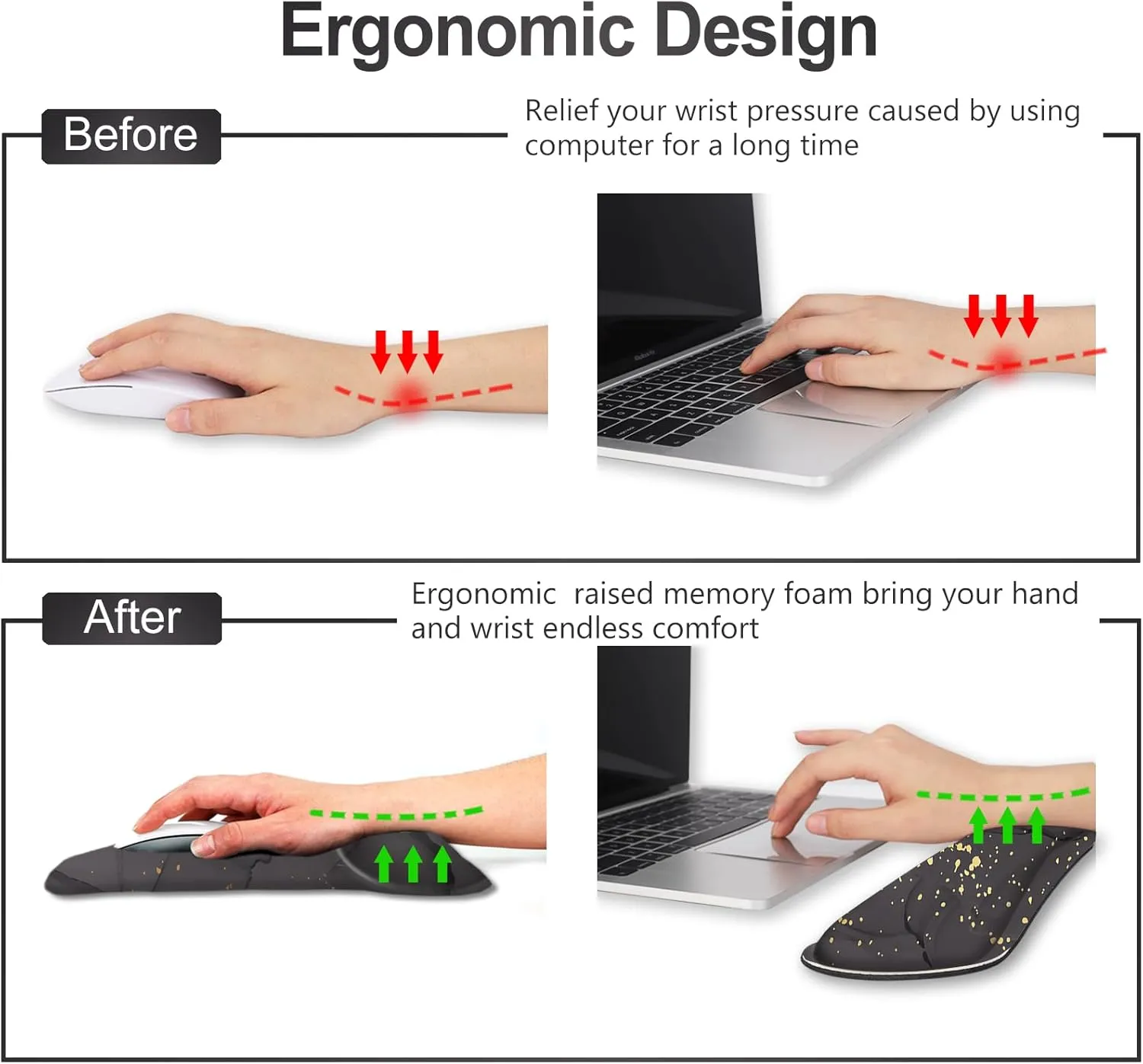 ARTSO Mouse Pad Wrist Support and Keyboard Wrist Rest, Ergonomic Memory Foam Mousepad Non-Slip Easy Typing and Pain Relief for Gaming, Computer, Office, Laptop, Black Grey Marble