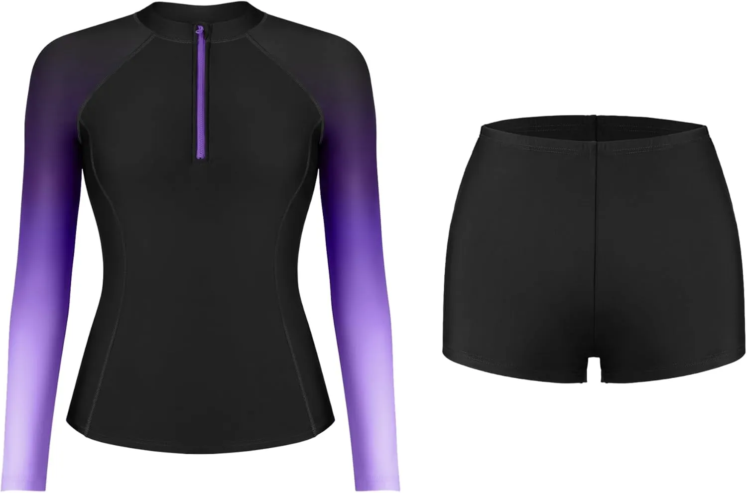 ATTRACO Women's Two Piece Rash Guard UPF 50  Long Sleeve Bathing Suit Built-in Bra Zipper Front Swim Shirts