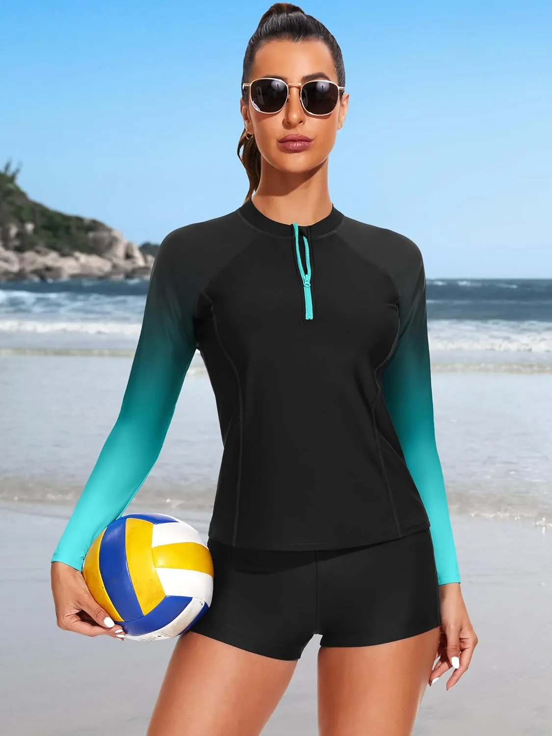 ATTRACO Women's Two Piece Rash Guard UPF 50  Long Sleeve Bathing Suit Built-in Bra Zipper Front Swim Shirts