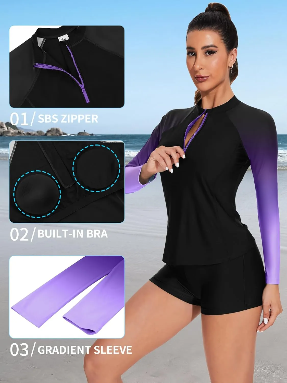 ATTRACO Women's Two Piece Rash Guard UPF 50  Long Sleeve Bathing Suit Built-in Bra Zipper Front Swim Shirts