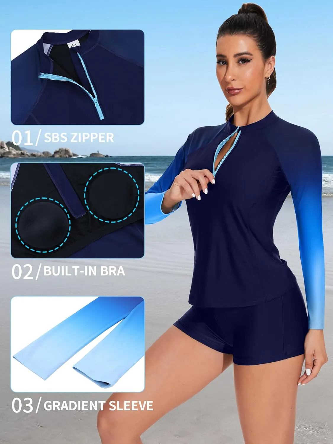 ATTRACO Women's Two Piece Rash Guard UPF 50  Long Sleeve Bathing Suit Built-in Bra Zipper Front Swim Shirts