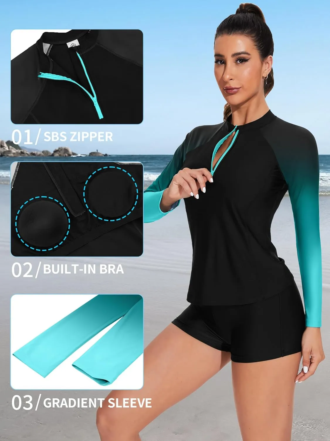 ATTRACO Women's Two Piece Rash Guard UPF 50  Long Sleeve Bathing Suit Built-in Bra Zipper Front Swim Shirts